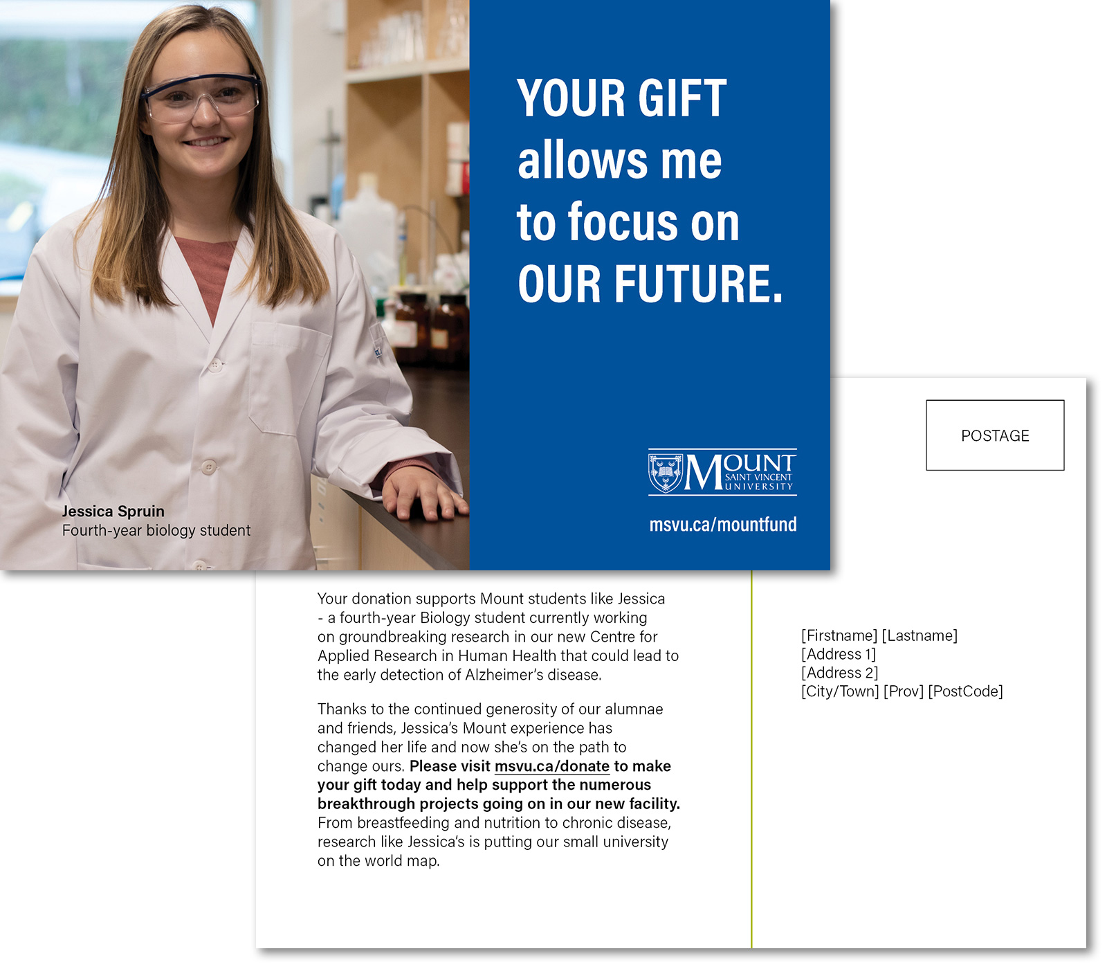 Mount Fund postcard. Image of female student in lab coat.