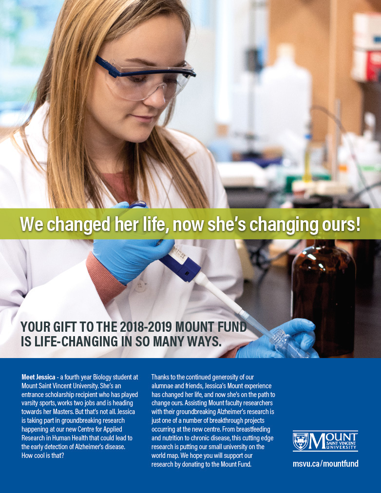 Mount Fund Ad.Image of female student in lab coat.