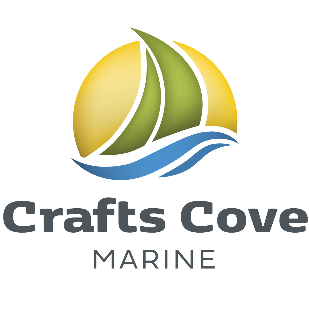 Crafts Cove Marine logo. Stylized sailboat on waves with the sun in the background.