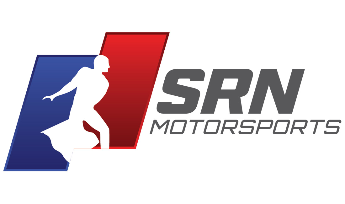 SRN Motorsport logo. Stylized person waving a flag inside red and blue angled blocks.