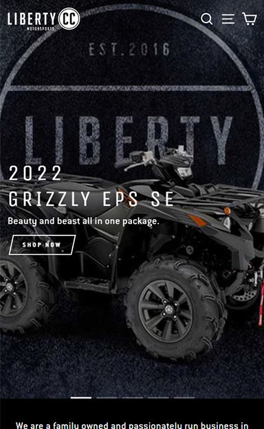 Screenshot of the Liberty CC website. Picture includes a Yamaha Grizzly ATV